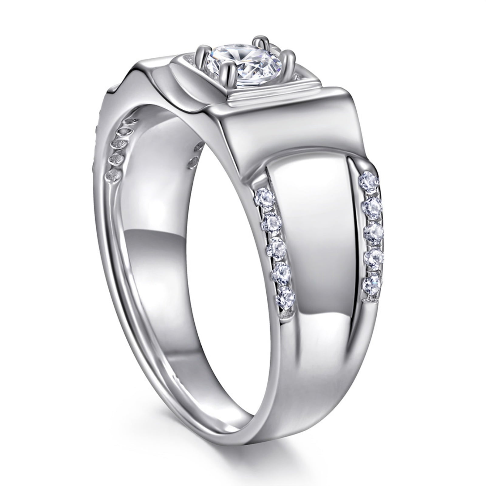 SFTING S925 Sterling Silver 0.4CT Solitaire Round Wedding Band for Men with Half Pave Cubic Zirconia Engagement Ring Size 8