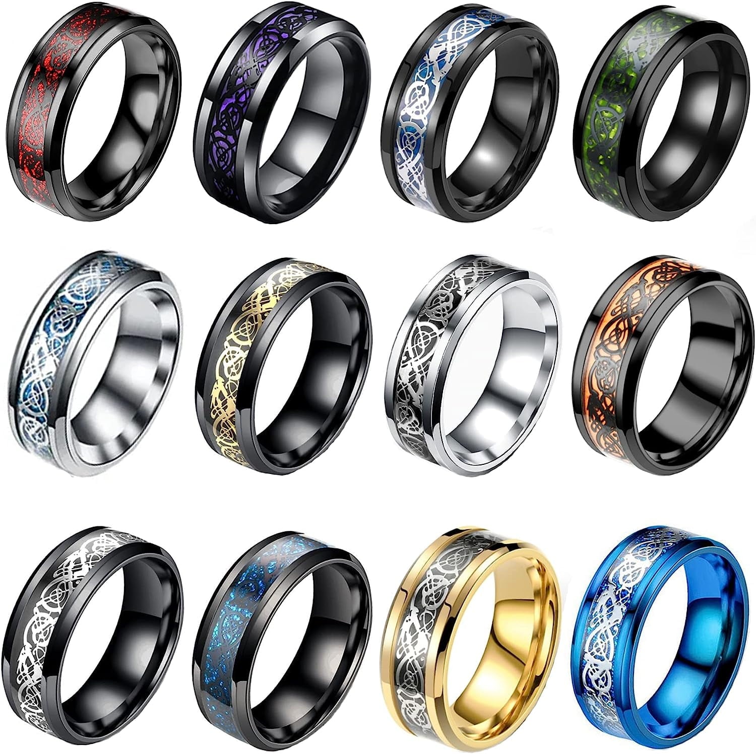 12 Pcs 8mm Stainless Steel Ring for Men Women Celtic Dragon Beveled Edges Celtic Black Rings Carbide Wedding Band Ring Set Size 7-11