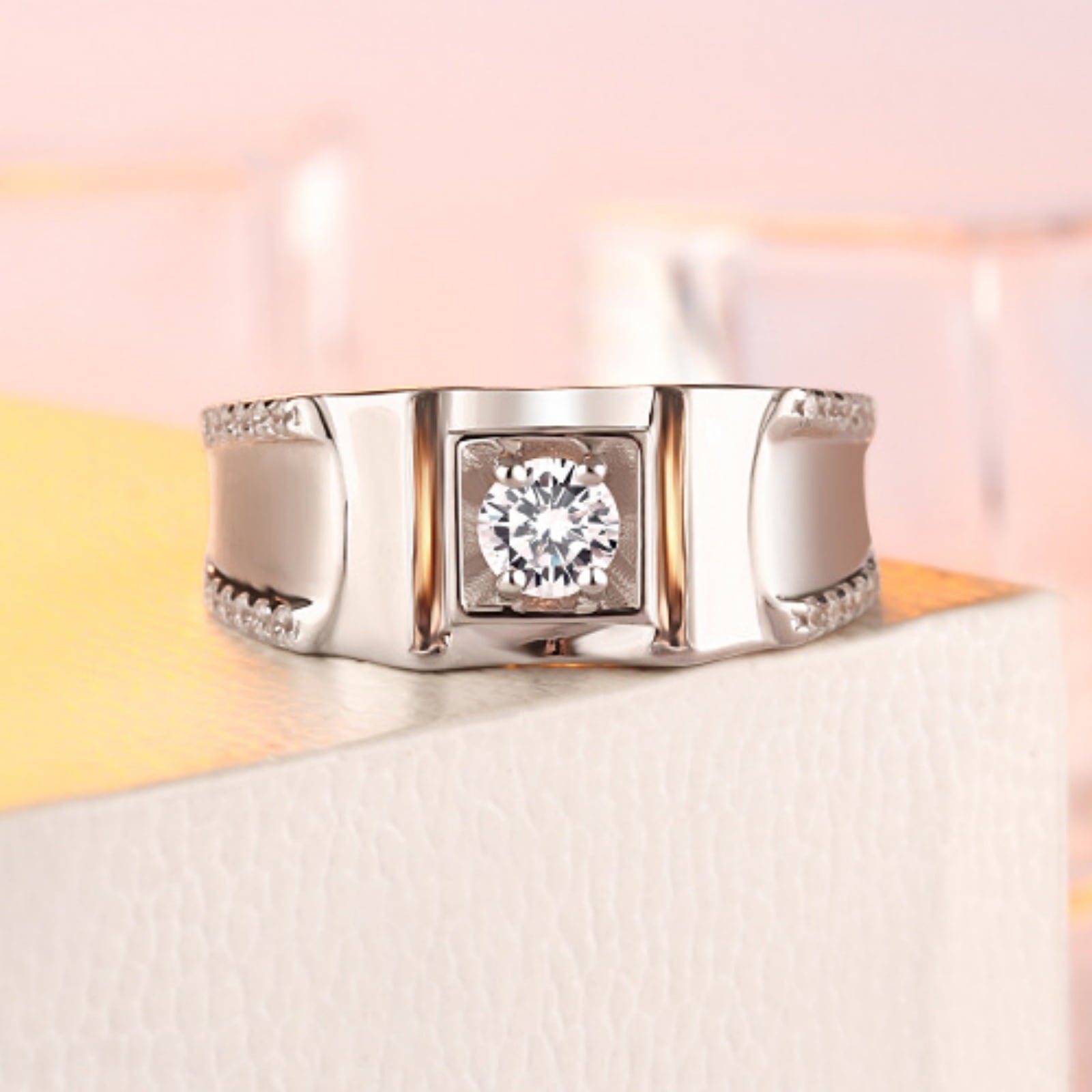 SFTING S925 Sterling Silver 0.4CT Solitaire Round Wedding Band for Men with Half Pave Cubic Zirconia Engagement Ring Size 8