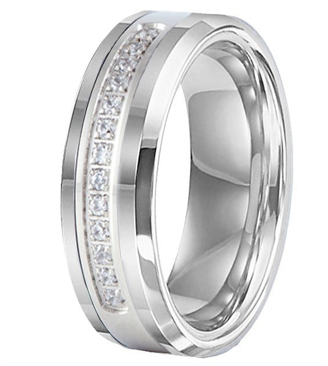 Tungsten Wedding Band Ring 8mm Men's Engagement Silver with 13 Cz Stone Inlay in Titanium Center
