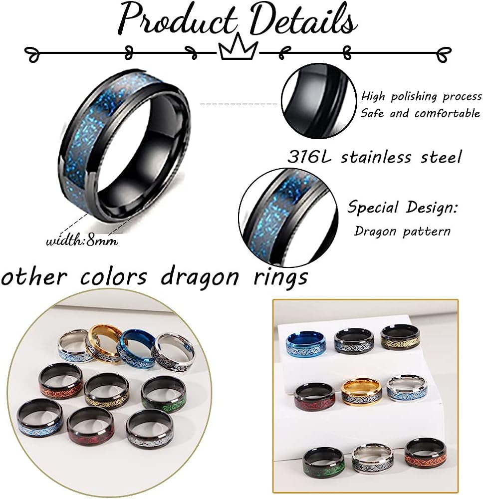 12 Pcs 8mm Stainless Steel Ring for Men Women Celtic Dragon Beveled Edges Celtic Black Rings Carbide Wedding Band Ring Set Size 7-11