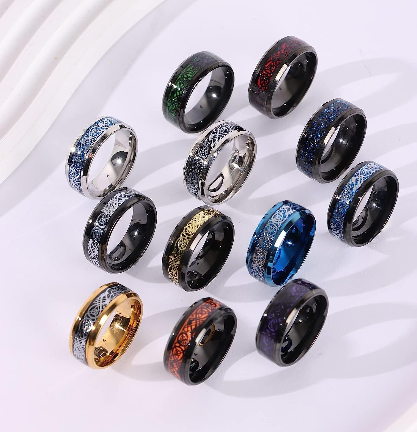 12 Pcs 8mm Stainless Steel Ring for Men Women Celtic Dragon Beveled Edges Celtic Black Rings Carbide Wedding Band Ring Set Size 7-11