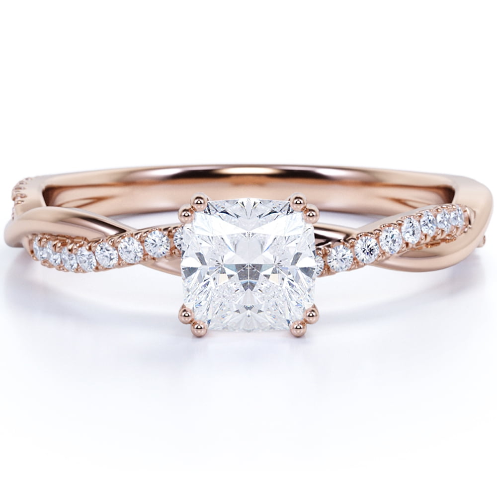 JeenMata 1.50 Carat Cushion Cut Moissanite Twist Band Engagement Ring in 18k Rose Gold over Silver