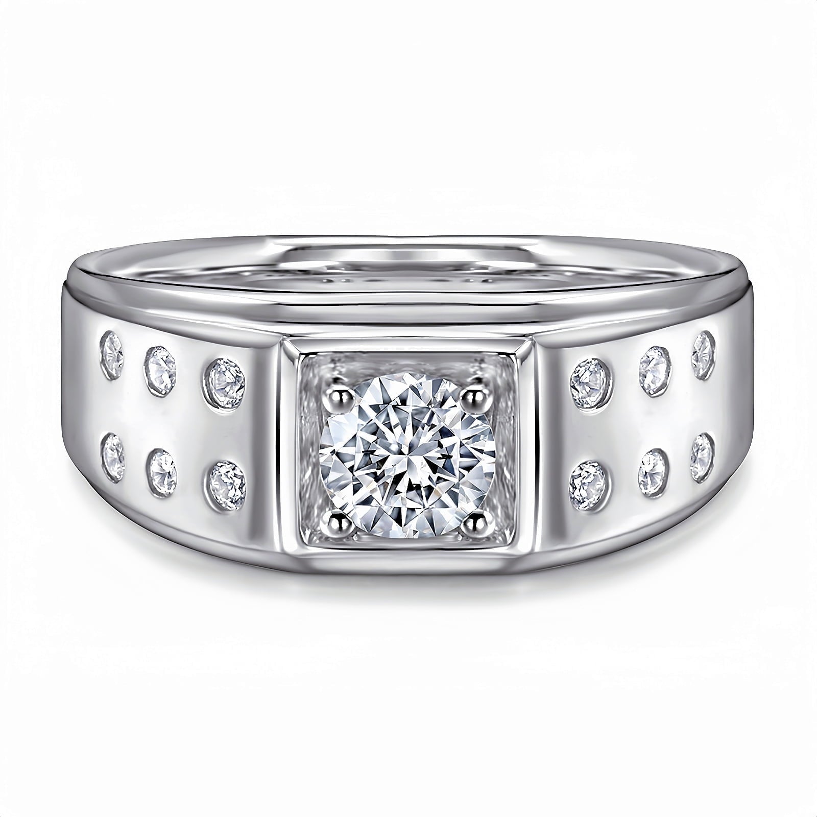 SFTING S925 Sterling Silver 0.4CT Solitaire Round Wedding Band for Men with Half Pave Cubic Zirconia Engagement Ring Size 8