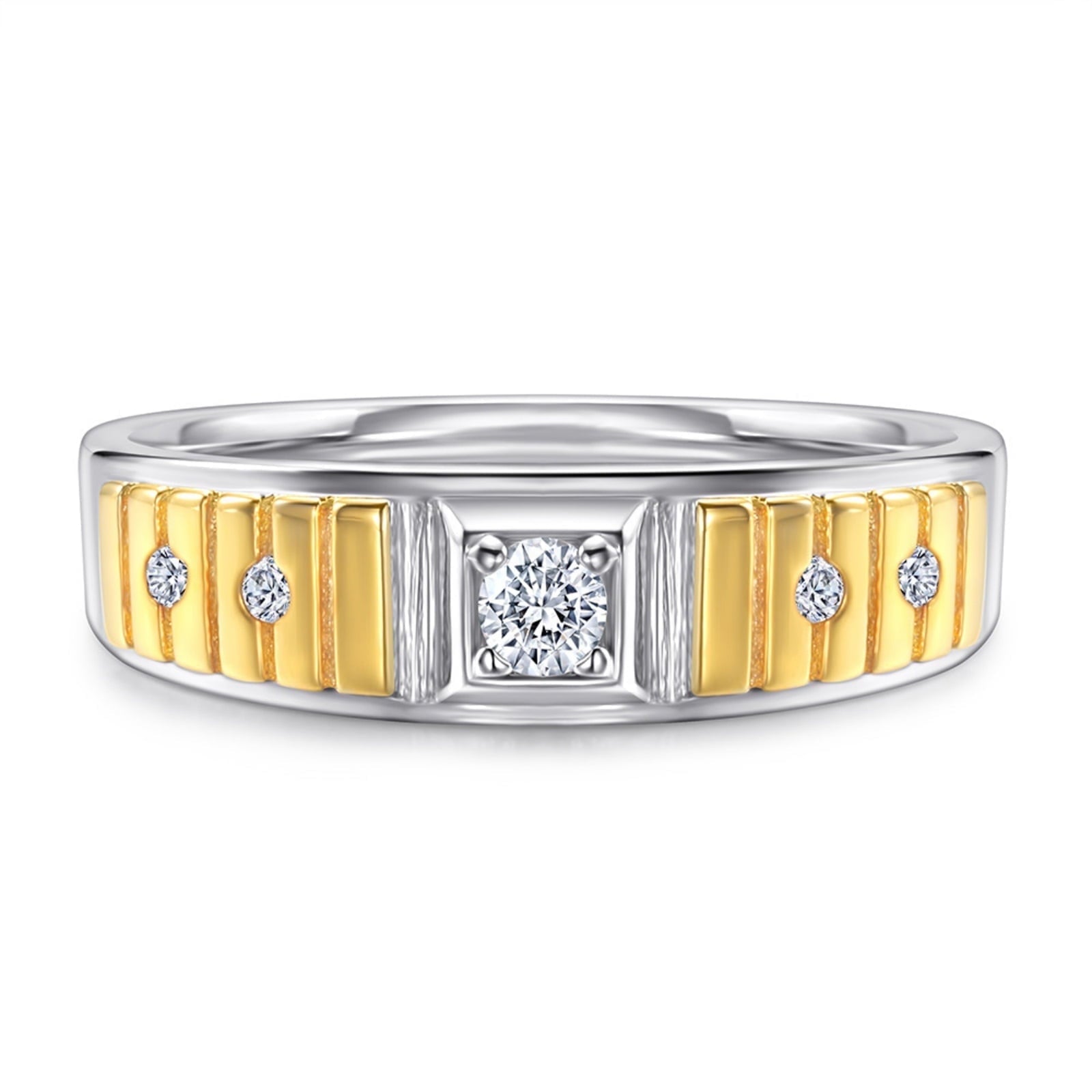 SFTING S925 Sterling Silver 0.4CT Solitaire Round Wedding Band for Men with Half Pave Cubic Zirconia Engagement Ring Size 8