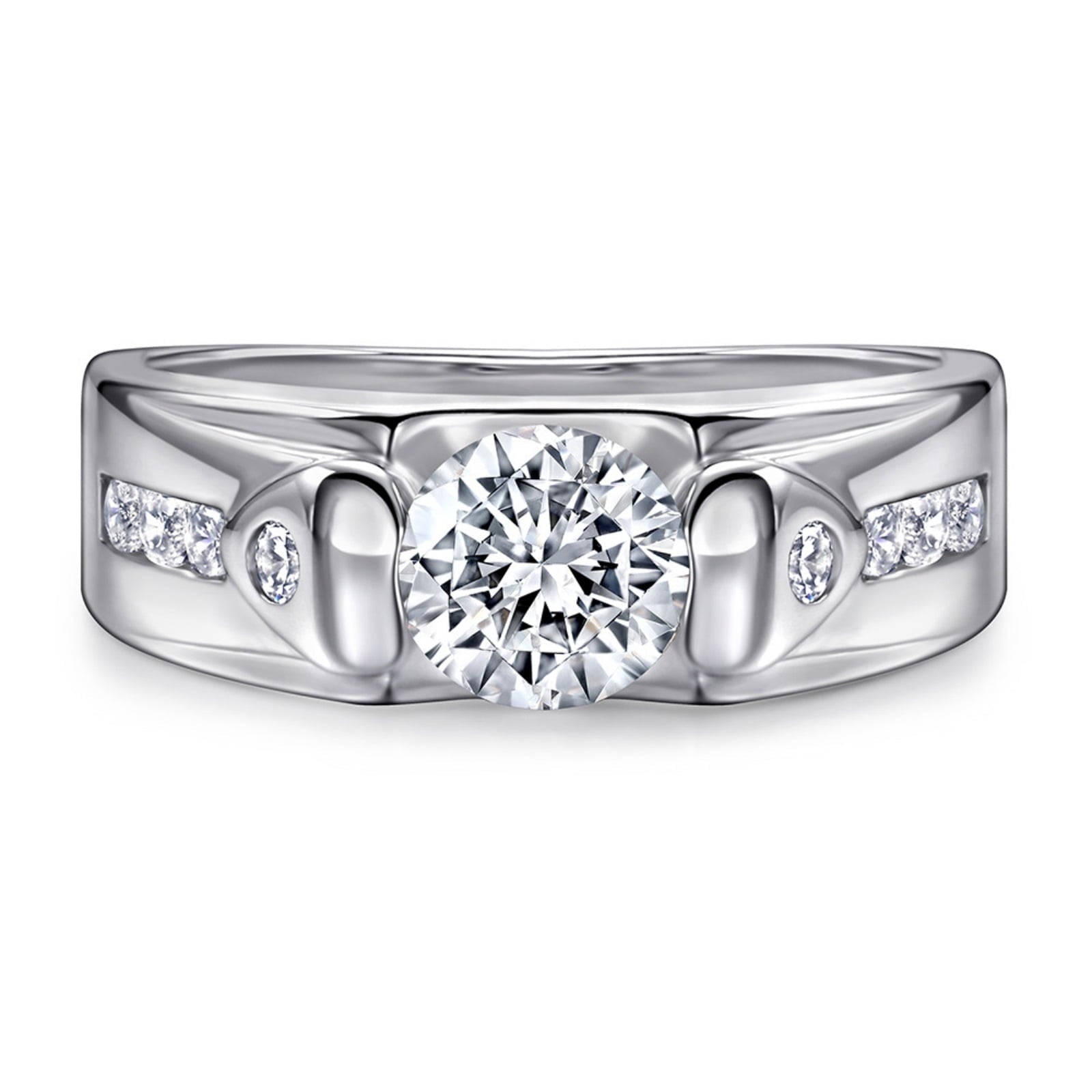 SFTING S925 Sterling Silver 0.4CT Solitaire Round Wedding Band for Men with Half Pave Cubic Zirconia Engagement Ring Size 8