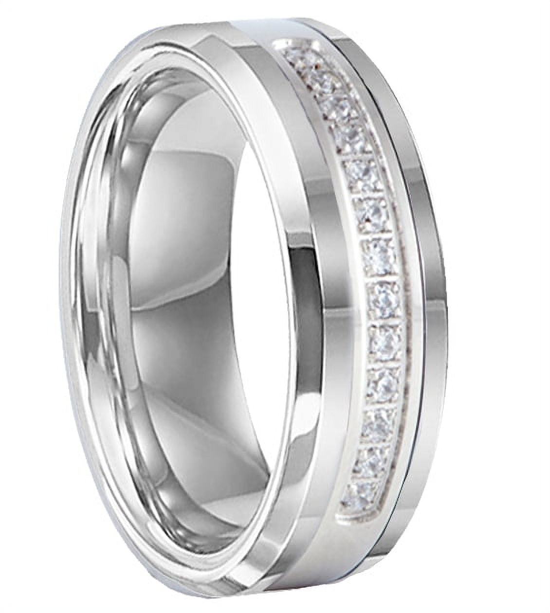 Tungsten Wedding Band Ring 8mm Men's Engagement Silver with 13 Cz Stone Inlay in Titanium Center