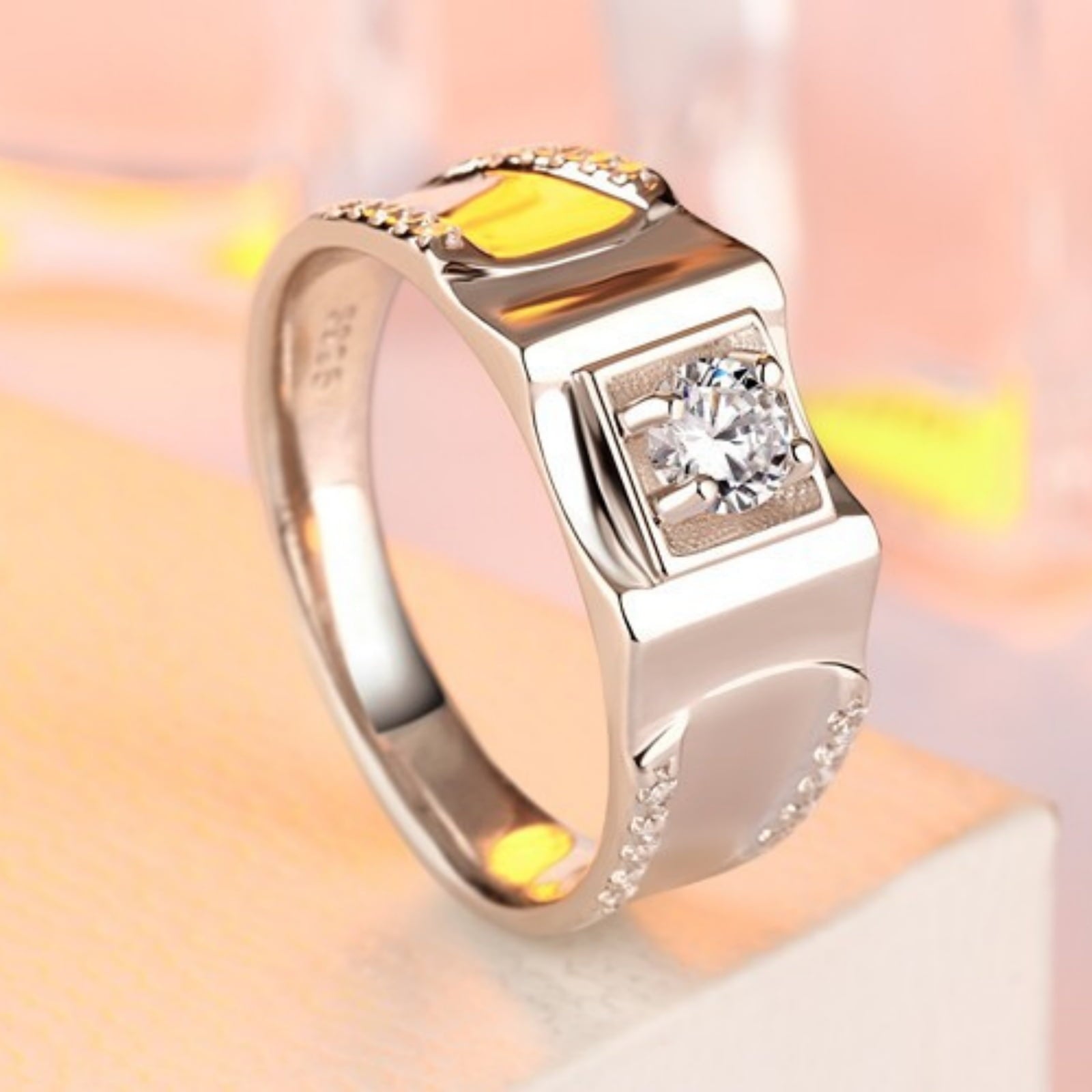 SFTING S925 Sterling Silver 0.4CT Solitaire Round Wedding Band for Men with Half Pave Cubic Zirconia Engagement Ring Size 8