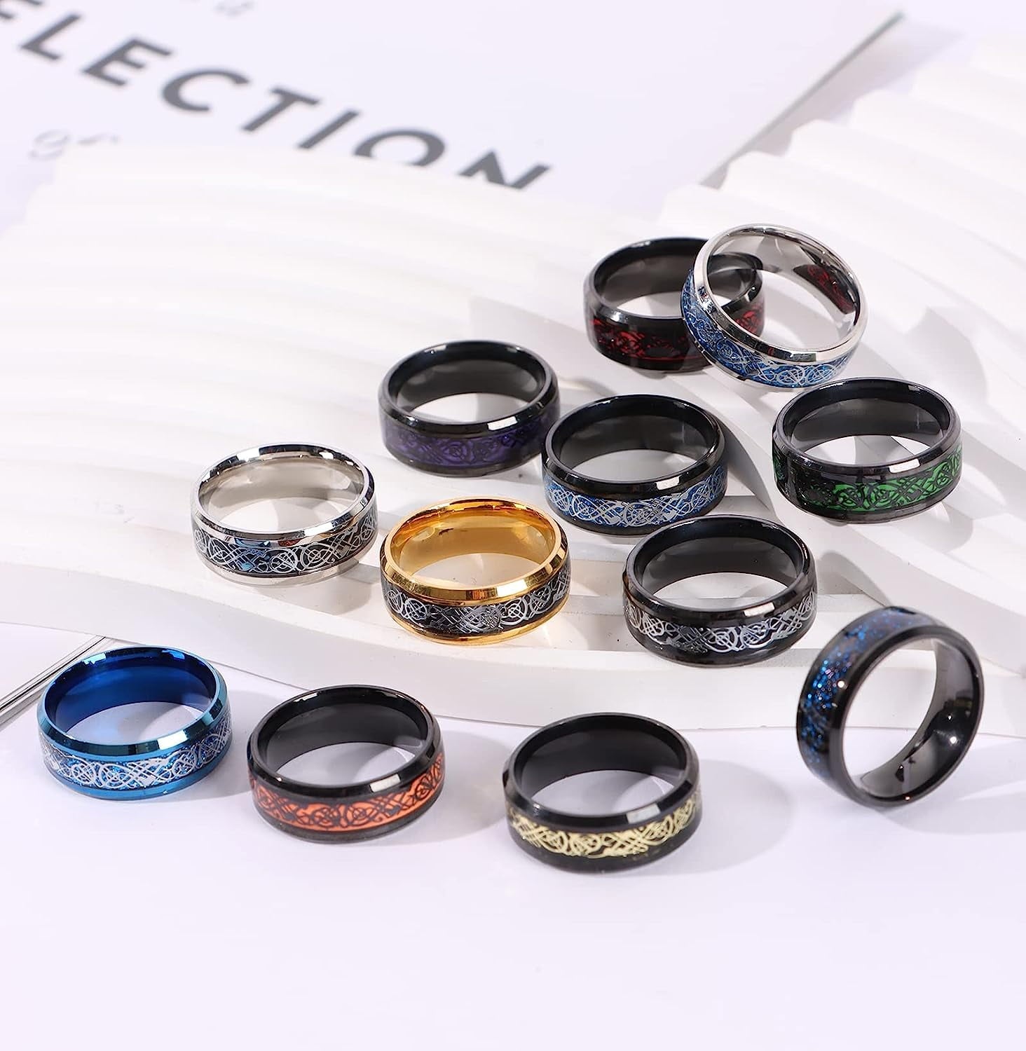 12 Pcs 8mm Stainless Steel Ring for Men Women Celtic Dragon Beveled Edges Celtic Black Rings Carbide Wedding Band Ring Set Size 7-11