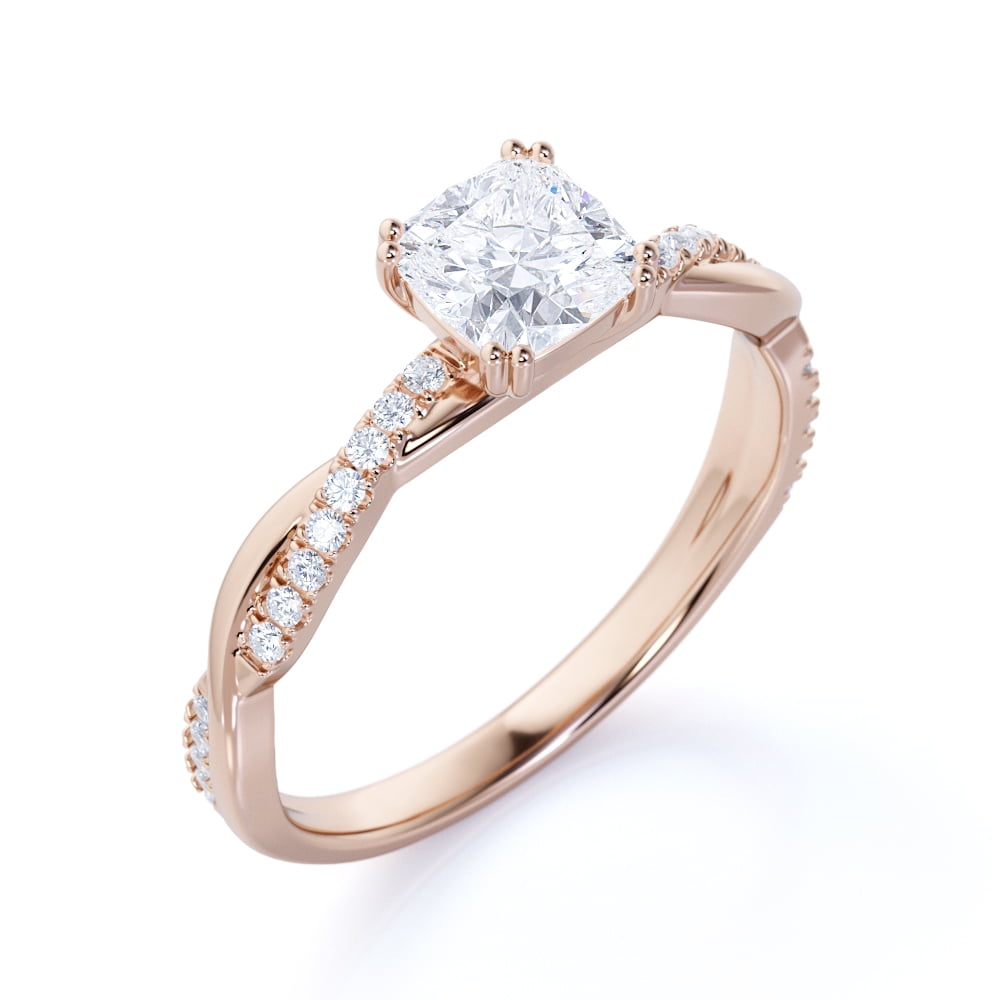 JeenMata 1.50 Carat Cushion Cut Moissanite Twist Band Engagement Ring in 18k Rose Gold over Silver