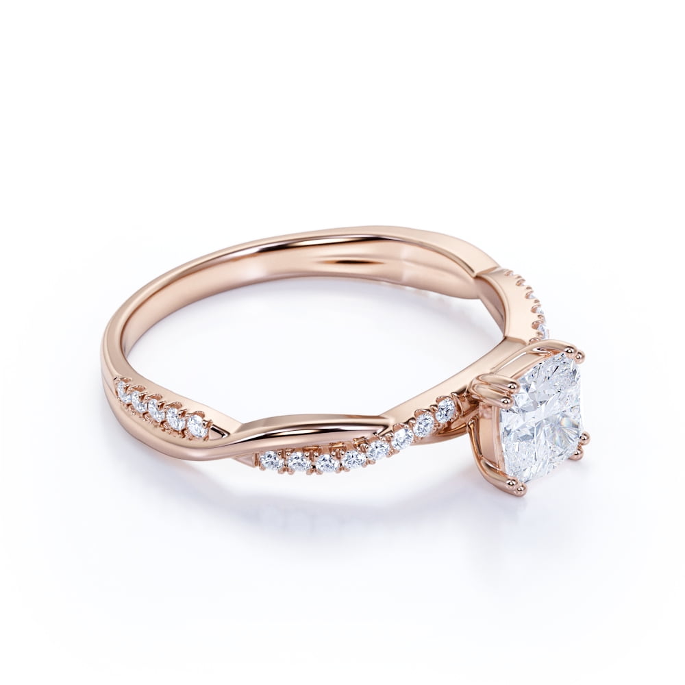 JeenMata 1.50 Carat Cushion Cut Moissanite Twist Band Engagement Ring in 18k Rose Gold over Silver